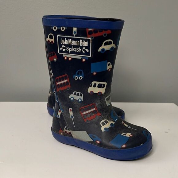 Jojo Maman Bebe Splash Kids' Black Blue Cars Rubber Rain Boots Size 5 - Picture 1 of 6